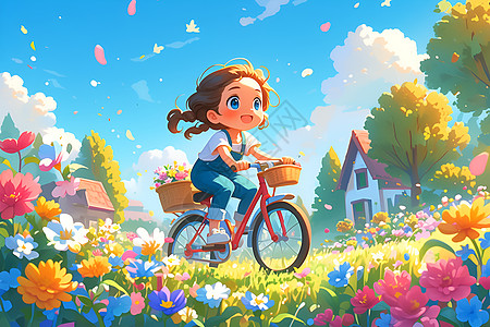 童画世界里的骑车少女图片
