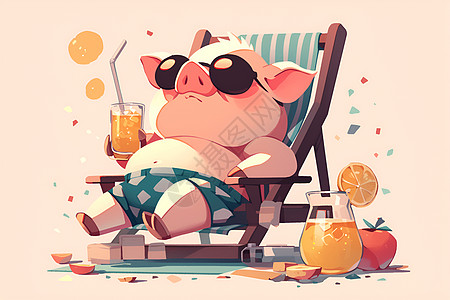 沙滩椅上的猪图片