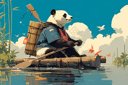 熊猫乘着木筏在河中漂流图片