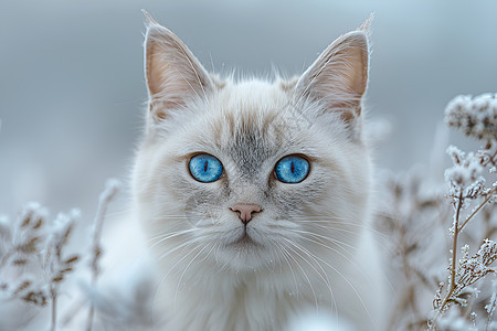 冬日草丛中的白猫图片
