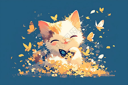 草地上的猫咪与蝴蝶图片