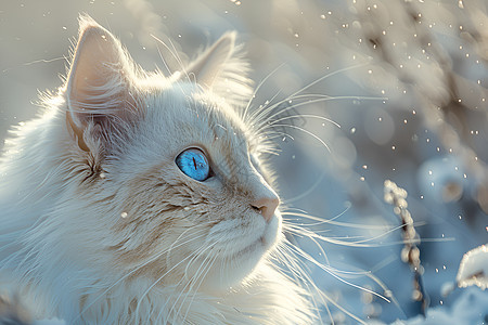 雪中的蓝眼白猫图片