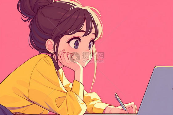 电脑前的卡通女孩图片