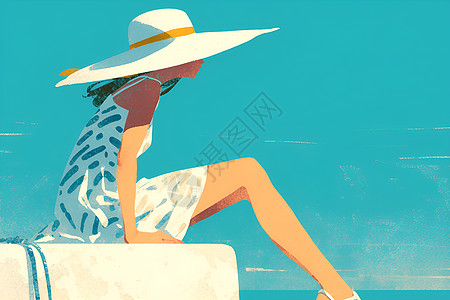 海边度假的帽子女人图片