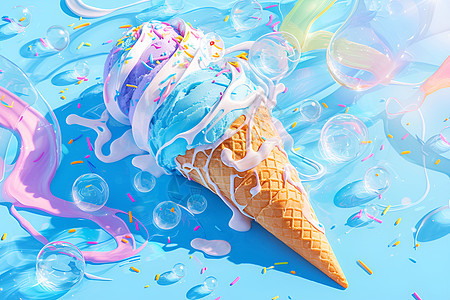 蓝色冰淇淋慢慢融化图片