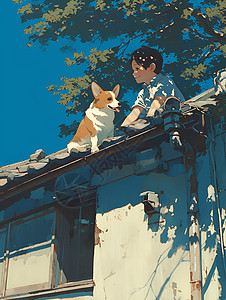 屋顶上的男孩和狗狗图片