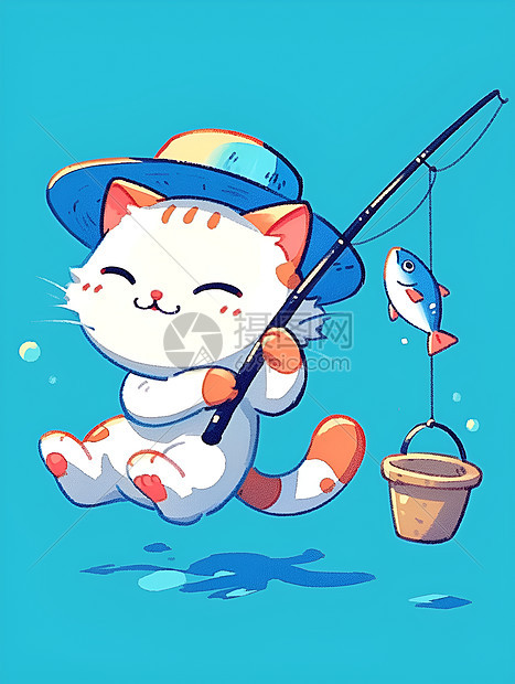 可爱白猫拿着鱼竿图片