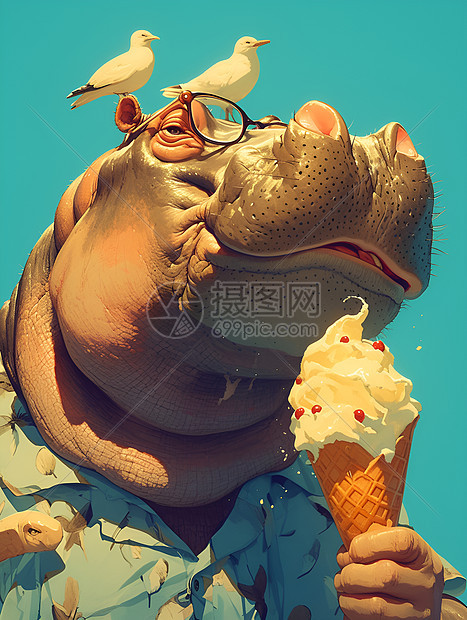 河马开心吃冰淇淋图片