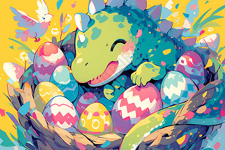 蛋筒巢中的可爱恐龙插画