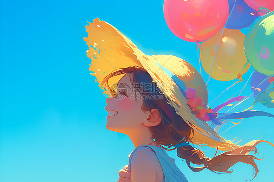 少女与多彩气球图片