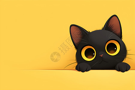 黄色背景下一只可爱黑猫高清图片