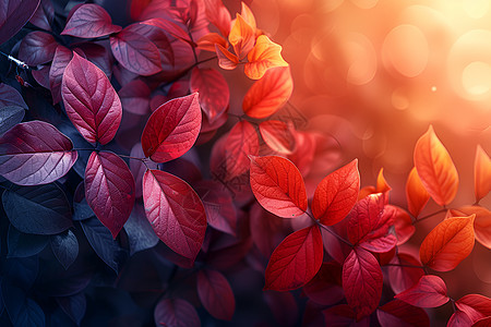 鲜艳的树叶与光线交织图片