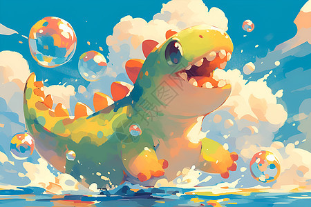 快乐小恐龙在太阳下欢快玩水背景图片