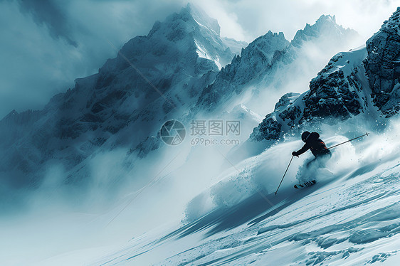 山间畅行的滑雪者图片