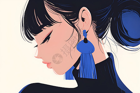 精致黑发潮女戴着蓝色耳环图片