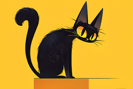 黑猫端坐于黄盒子之上图片