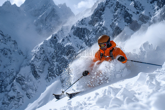 滑雪者翻飞在雪山中图片