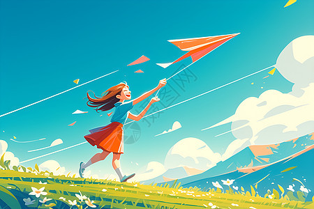 女孩在草地上放风筝图片