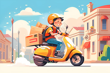 快递员骑电动车穿梭在城市街道上插画