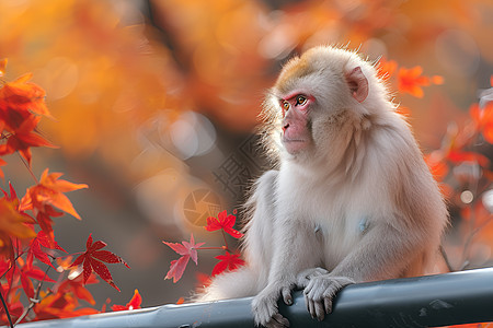 白猿坐在金属栏杆上图片