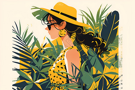 热带风情中的黄衣女子图片