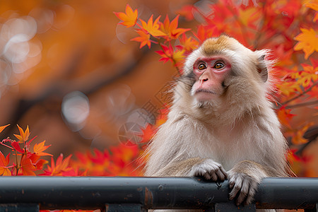 坐在金属栏杆上的猕猴图片