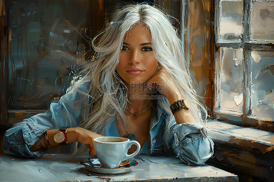 享受咖啡的银发女士图片