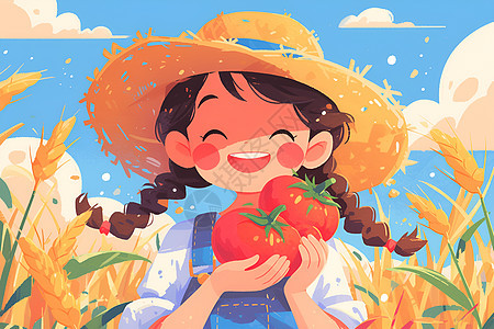 快乐的小女孩戴着草帽捧着番茄图片