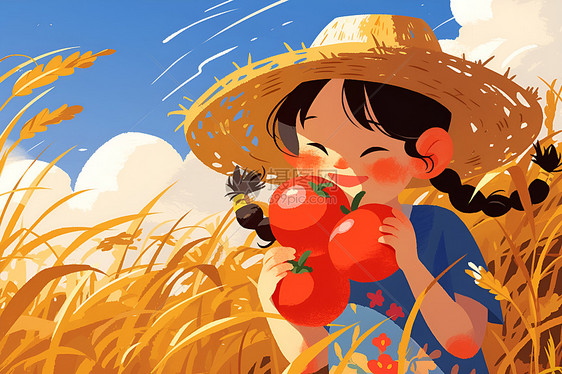 小女孩手持番茄图片