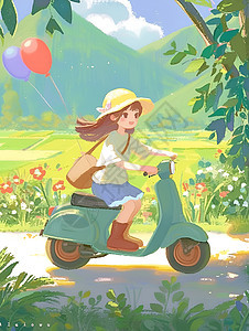 女孩骑车走过乡村小路图片