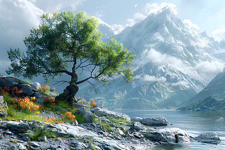 自然雪山和植物背景图片