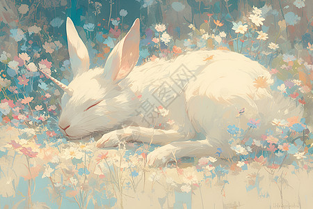 兔子在草地上沉睡图片