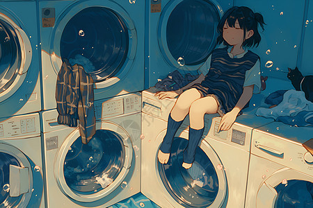女孩坐在洗衣机上图片