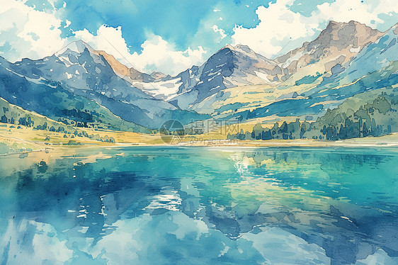 山脉湖泊水彩画图片