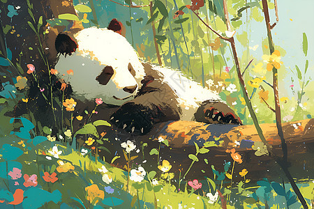躺在花丛中休息的熊猫图片