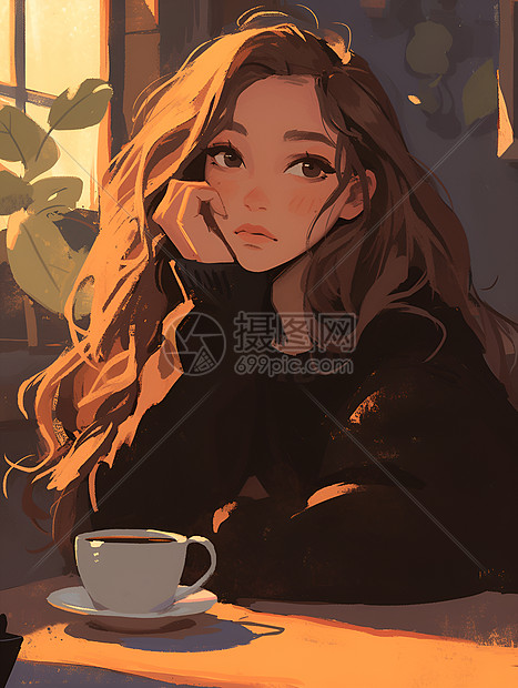女孩在咖啡馆里喝咖啡插画图片下载-正版图片601266767-摄图网