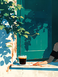女人坐在门边喝咖啡图片