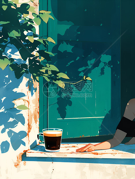 女人坐在门边喝咖啡图片