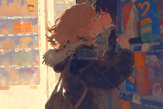 售货机前拥吻的情侣图片