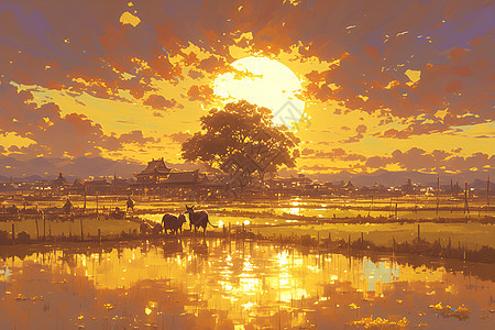 金色夕阳下的水田图片
