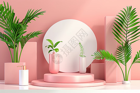 粉色植物和几何展台图片