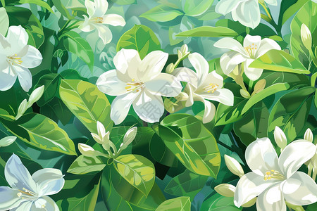 白花绿叶绘画图片