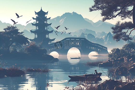 中式建筑桥梁图片