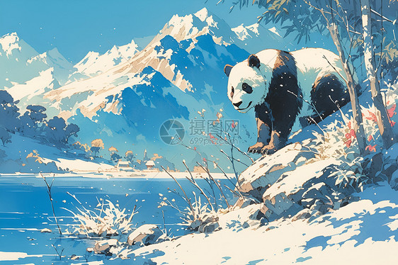 雪山背景下的熊猫图片