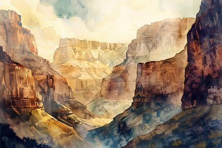 峡谷水彩画图片