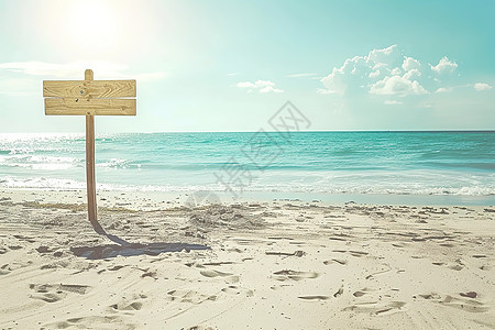 海滩上一块木制标志牌背图片