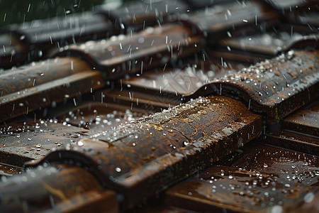 雨滴垂落在屋顶上图片