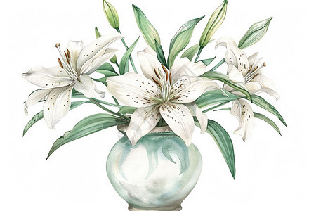 花瓶中的白花与绿叶图片