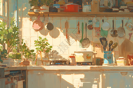 清晨暖阳下的厨房图片