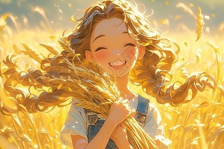 小女孩在金黄色的稻田中图片